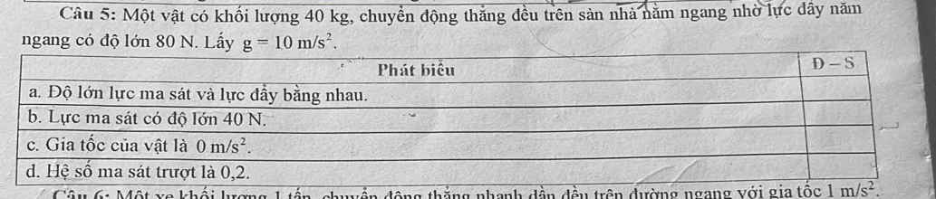 Một vật có khối lượng 40 kg, chuyển động thắng đều trên sản nhà năm ngang nhờ lực đầy năm
ngang có độ lớn 80 N. Lấy g=10m/s^2.
T dền đều trên đường