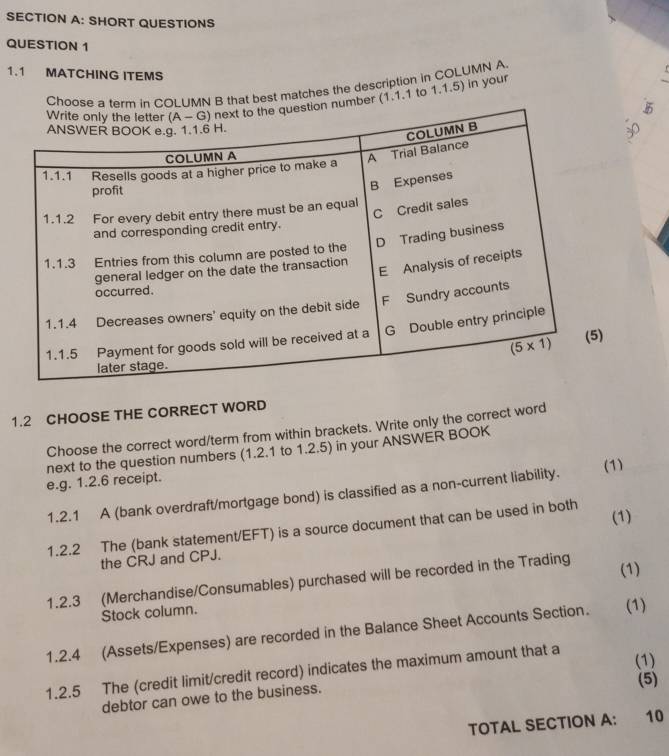 SHORT QUESTIONS
QUESTION 1
1.1 MATCHING ITEMS
hat best matches the description in COLUMN A.
r (1.1.1 to 1.1.5) in your
_

1.2 CHOOSE THE CORRECT WORD
Choose the correct word/term from within brackets. Write only the correct word
next to the question numbers (1.2.1 to 1.2.5) in your ANSWER BOOK
e.g. 1.2.6 receipt.
1.2.1 A (bank overdraft/mortgage bond) is classified as a non-current liability. (1)
1.2.2 The (bank statement/EFT) is a source document that can be used in both
(1)
the CRJ and CPJ.
1.2.3 (Merchandise/Consumables) purchased will be recorded in the Trading
(1)
Stock column.
1.2.4 (Assets/Expenses) are recorded in the Balance Sheet Accounts Section. (1)
(1)
1.2.5 The (credit limit/credit record) indicates the maximum amount that a
(5)
debtor can owe to the business.
TOTAL SECTION A:  10