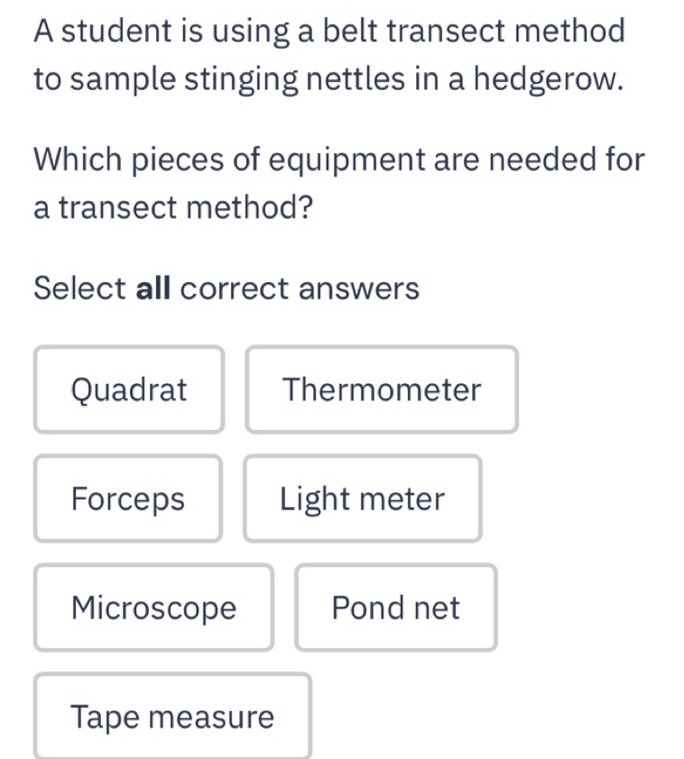 Solved: A student is using a belt transect method to sample stinging ...