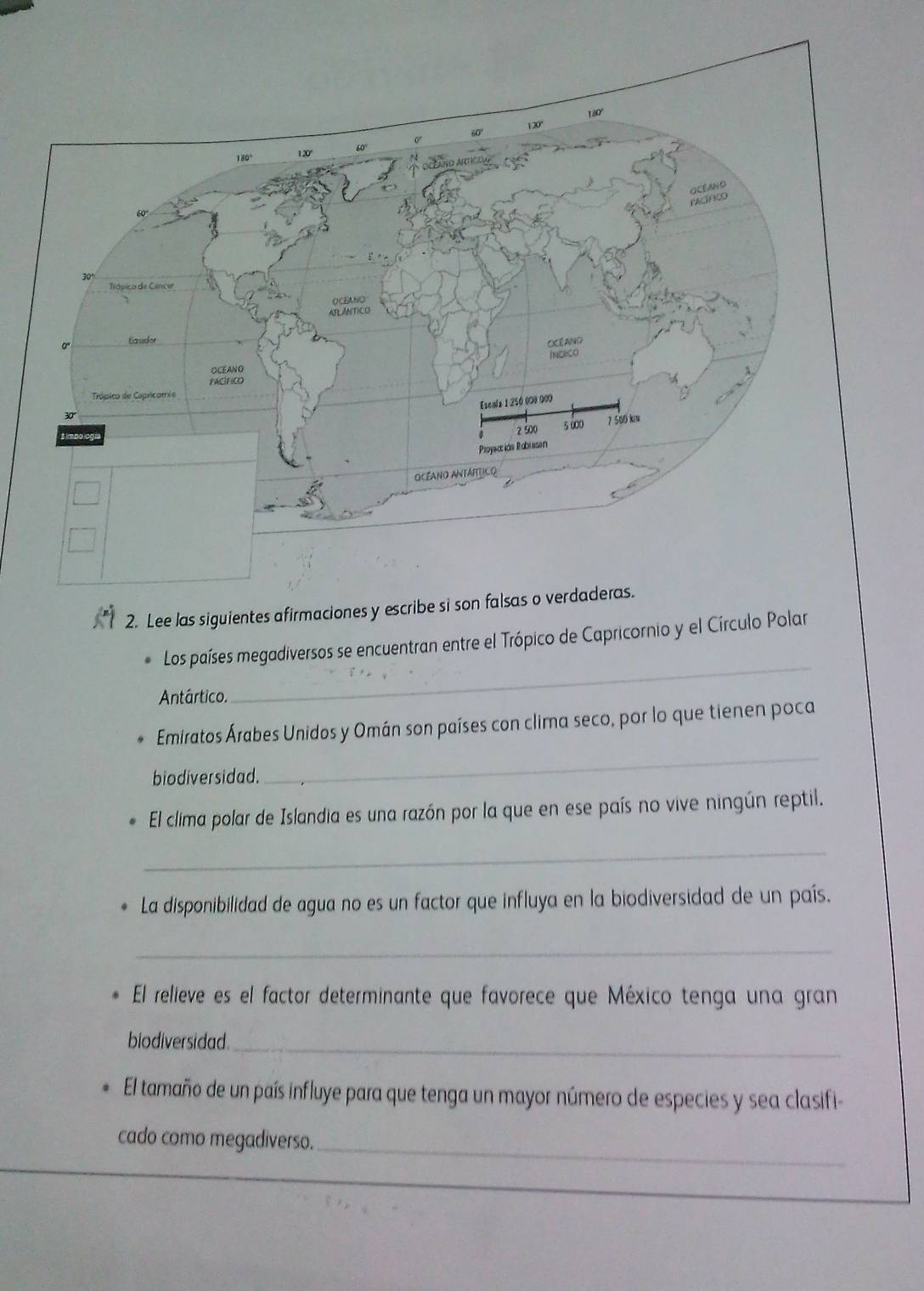 Lee las siguientes afirmaciones y escribe si son falsas o verdaderas. 
_ 
Los países megadiversos se encuentran entre el Trópico de Capricornio y el Círculo Polar 
Antártico. 
Emiratos Árabes Unidos y Omán son países con clima seco, por lo que tienen poca 
biodiversidad. 
_ 
El clima polar de Islandia es una razón por la que en ese país no vive ningún reptil. 
_ 
La disponibilidad de agua no es un factor que influya en la biodiversidad de un país. 
_ 
El relieve es el factor determinante que favorece que México tenga una gran 
biodiversidad_ 
El tamaño de un país influye para que tenga un mayor número de especies y sea clasifi- 
_ 
cado como megadiverso.