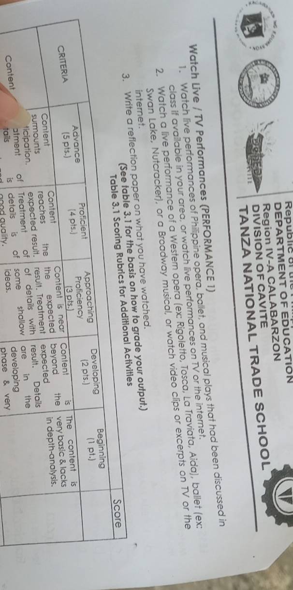 Republic of th 
DEPARTMENT OF EDUCATION 
Region IV-A CALABARZON 
DODED DIVISION OF CAVITE 
TANZA NATIONAL TRADE SCHOOL 
Watch Live / TV Performances (PERFORMANCE 1) 1. Watch live performances of Philippine opera, ballet, and musical plays that had been discussed in 
class if available in your area, or watch live performances on TV or the internet. 
2. Watch a live performance of a Western opera (ex: Rigoletto, Tosca, La Traviata, Aida), ballet (ex: 
Swan Lake, Nutcracker), or a Broadway musical, or watch video clips or excerpts on TV or the 
internet. 
e a reflection paper on what you have watched. 
the basis on how to grade your output.) 
itles 
tail 
good quality. 
phase & v