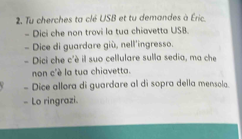 Tu cherches ta clé USB et tu demandes à Éric. 
- Dici che non trovi la tua chiavetta USB. 
- Dice di guardare giù, nell'ingresso. 
- Dici che c'è il suo cellulare sulla sedia, ma che 
non c'è la tua chiavetta. 
- Dice allora di guardare al di sopra della mensola. 
- Lo ringrazi.