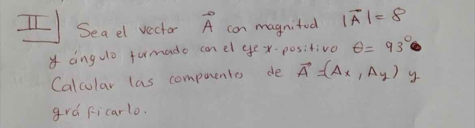 Sea el voctor vector A con magnitod |vector A|=8
y angulo formado con el yex-positivo θ =93°
Calcular las compuentes de vector A=(Ax,Ay) y 
grd Ficarlo.