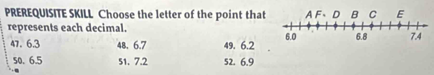 PREREQUISITE SKILL Choose the letter of the point that 
represents each decimal.
47. 6.3 48. 6.7 49. 6.2
50. 6.5 51. 7.2 52. 6.9