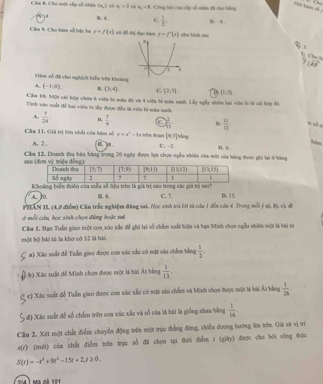 Cho
Câu 8. Cho một cấp số nhân (u_n) có u_1=2 và u_2=8. Công bội của cấp số nhân đã cho bằng
Hồi hàm số y
A 4 . B. 6 . C.  1/2 .
D. ~6 .
Câu 9. Cho hàm số bậc ba y=f(x) có đồ thị đạo hàm y=f'(x) như hình sau
3.
2: Cho h
Hàm số đã cho nghịch biến trên khoảng
A. (-1;0).
B. (3;4). C. (2;3). p (1;2).
Câu 10. Một cái hộp chứa 6 viên bi màu đỏ và 4 viên bi màu xanh. Lấy ngẫy nhiên hai viên bi từ cái hộp đó.
Tính xác suất đề hai viên bi lấy được đều là viên bi màu xanh.
A.  7/24 .
B.  7/9 .
D.
C. ) 2/15 .  11/12 . n số n
Câu 11. Giá trị lớn nhất của hàm số y=x^3-3x trên đoạn [0;3] bằng
hàm
A. 2 . B. )8 . C. -2 .
D. 0 ,
Câu 12. Doanh thu bán hàng trong 20 ngày được lựa chọn ngẫu nhiên của một cửa hàng được ghi lại ở bảng
sau
Khoảng biến thiên của mẫu số liệu trên là giá trị nào trong các giá trị sau?
A. 10. B. 6. C. 7. D. 15.
PHAN II. (4,0 điểm) Câu trắc nghiệm đúng sai. Học sinh trả lời từ cầu 1 đến cầu 4. Trong mỗi ý a), b), c), d)
ở mỗi câu, học sinh chọn đúng hoặc sai.
Câu 1. Bạn Tuấn gieo một con_xúc xắc đề ghi lại số chấm xuất hiện và bạn Minh chọn ngẫu nhiên một lá bài từ
một bộ bài tú la khơ có 52 lá bài.
a) Xác suất đề Tuấn gieo được con xúc xắc có mặt sáu chấm bằng  1/2 .
b) Xác suất đề Minh chọn được một lá bài Át bằng  1/13 .
c) Xác suất đề Tuấn gieo được con xúc xắc có mặt sáu chấm và Minh chọn được một lá bài Át bằng  1/26 .
d) Xác suất đễ số chấm trên con xúc xắc và số của lá bài là giống nhau bằng  1/16 .
Câu 2. Xét một chất điểm chuyển động trên một trục thẳng đứng, chiều dương hướng lên trên. Giả sử vị trí
s(1) (mét) của chất điểm trên trục số đã chọn tại thời điểm 1 (giây) được cho bởi công thức
S(t)=-t^3+9t^2-15t+2,t≥ 0.
2/4)Mã đè 101