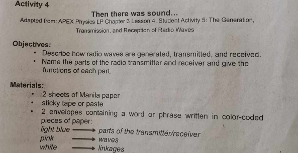 Activity 4 
Then there was sound... 
Adapted from: APEX Physics LP Chapter 3 Lesson 4: Student Activity 5: The Generation, 
Transmission, and Reception of Radio Waves 
Objectives: 
Describe how radio waves are generated, transmitted, and received. 
Name the parts of the radio transmitter and receiver and give the 
functions of each part. 
Materials: 
2 sheets of Manila paper 
sticky tape or paste 
2 envelopes containing a word or phrase written in color-coded 
pieces of paper: 
light blue parts of the transmitter/receiver 
pink waves 
white linkages