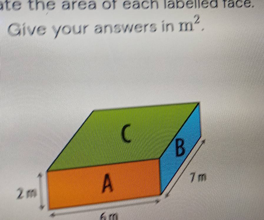 ate the area of each labelled face. 
Give your answers in m^2.