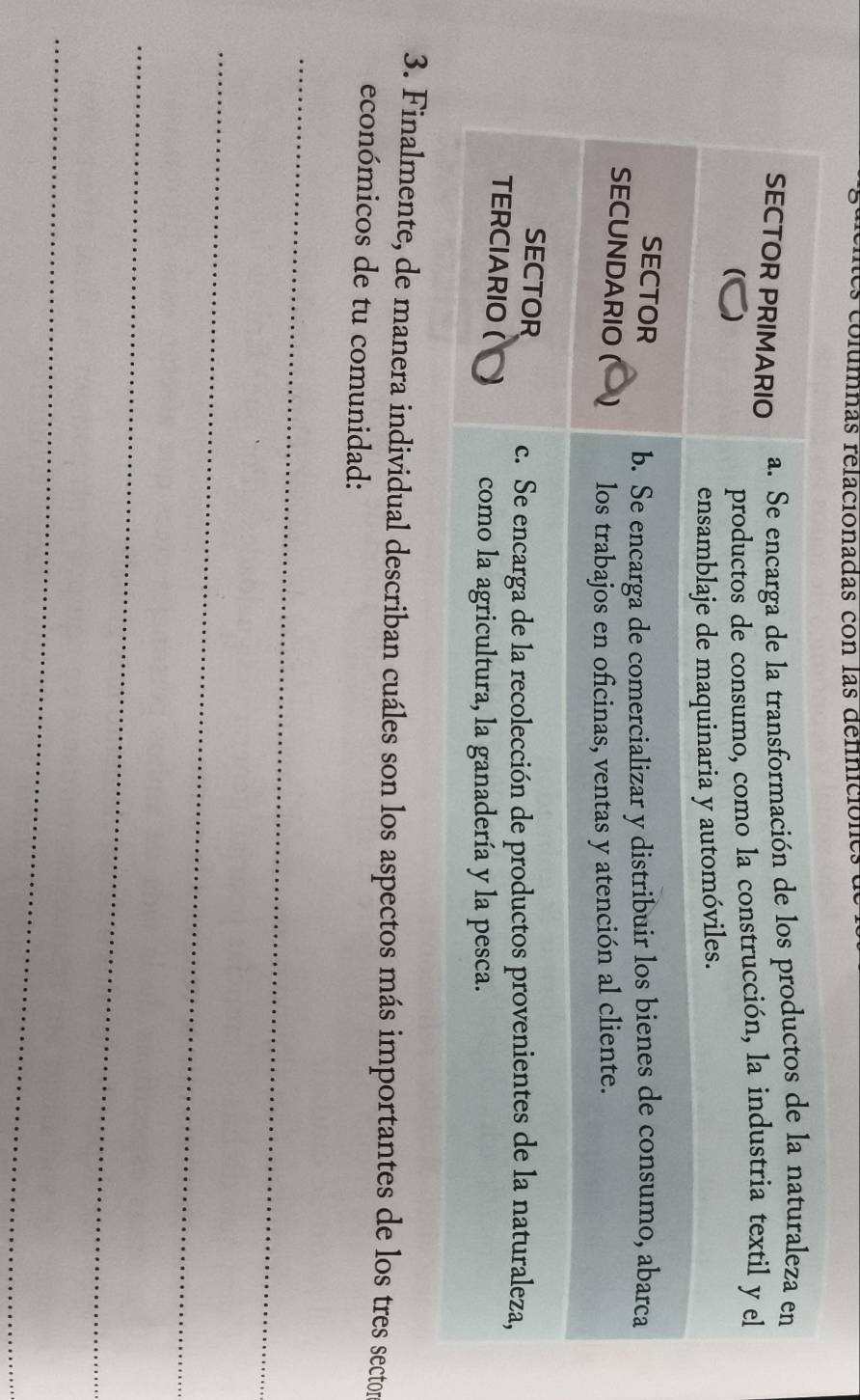 es columnas relacionadas con las dennición 
3. Finalmente, de manera individual describan cuáles son los aspectos más importantes de los tres sector 
económicos de tu comunidad: 
_ 
_ 
_ 
_