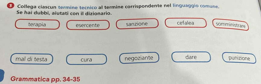 Collega ciascun termine tecnico al termine corrispondente nel linguaggio comune.
Se hai dubbi, aiutati con il dizionario.
terapia esercente sanzione cefalea somministrare
mal di testa cura negoziante dare punizione
Grammatica pp. 34-35