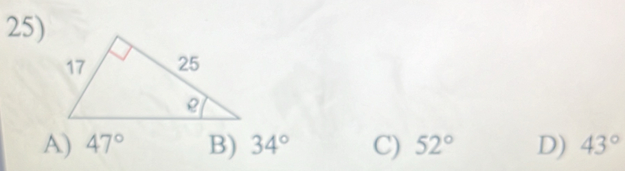 A) 47° B) 34° C) 52° D) 43°