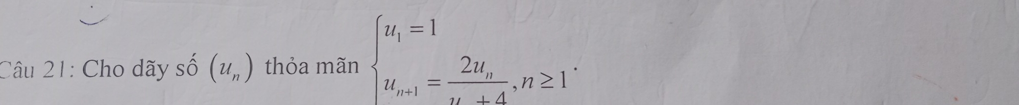 Cho dãy shat O(u_n) thỏa mãn beginarrayl u_1=1 u_n+1=frac 2u_nu+A,n≥ 1endarray.