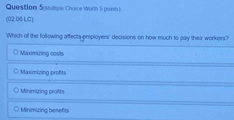 Question 5(Multiple Choice Worth 5 points)
(02.06 LC)
Which of the following affects employers' decisions on how much to pay their workers?
Maximizing costs
Maximizing profits
Minimizing profits
Minimizing benefits