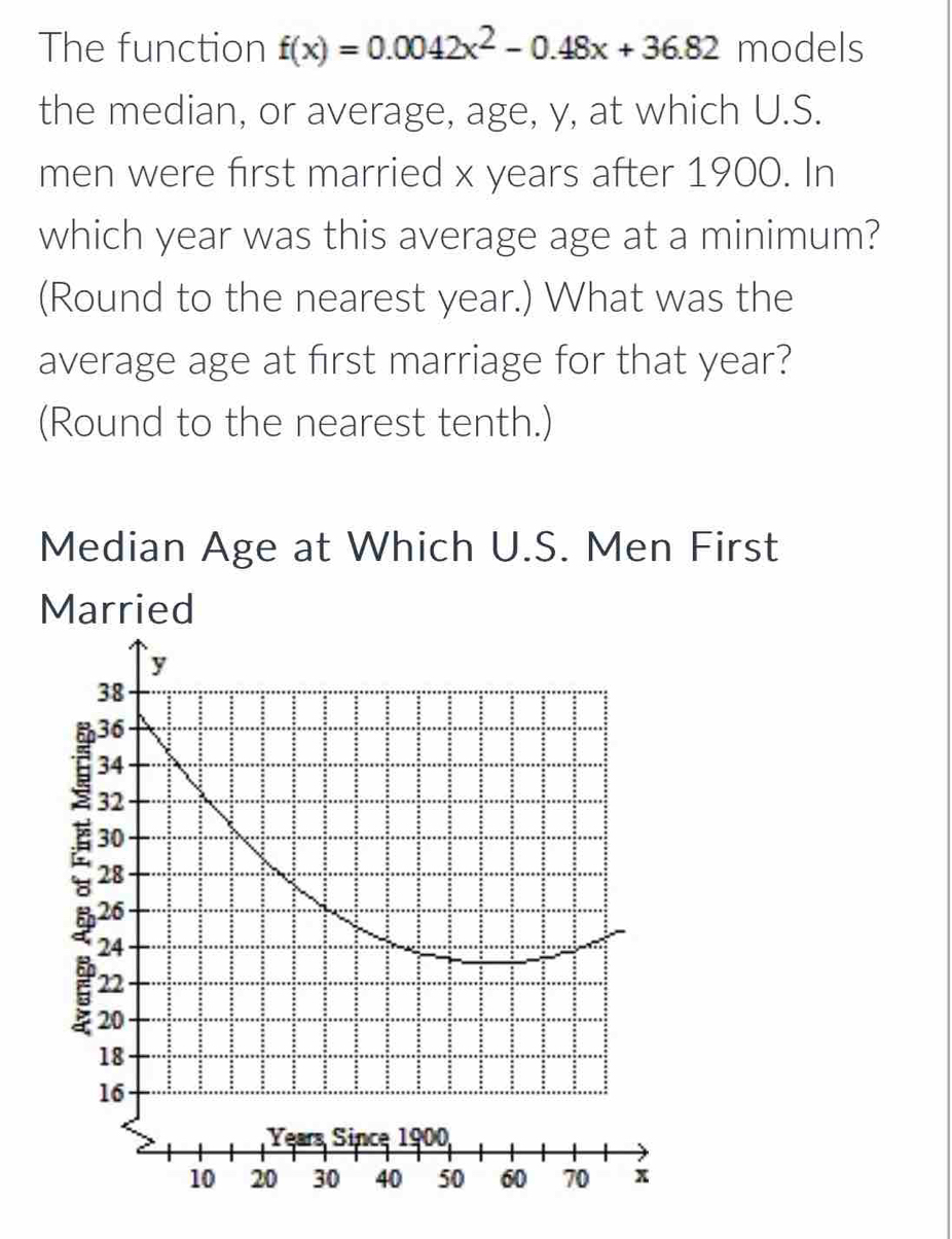 The function f(x)=0.0042x^2-0.48x+36.82 models 
the median, or average, age, y, at which U.S. 
men were first married x years after 1900. In 
which year was this average age at a minimum? 
(Round to the nearest year.) What was the 
average age at first marriage for that year? 
(Round to the nearest tenth.) 
Median Age at Which U.S. Men First 
Married