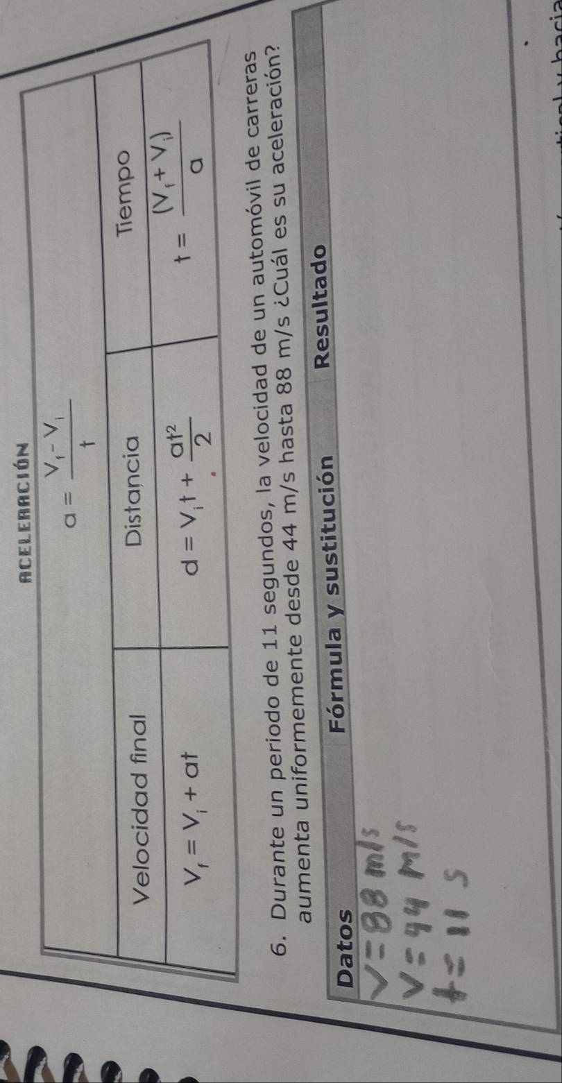 Durante un periodo de 11 segundos, la velocidad de un automóvil de carr
asta 88 m/s ¿Cuál es su aceleración?