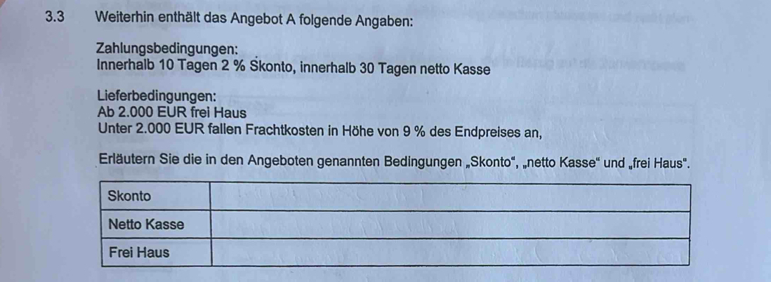 3.3 Weiterhin enthält das Angebot A folgende Angaben: 
Zahlungsbedingungen: 
Innerhalb 10 Tagen 2 % Skonto, innerhalb 30 Tagen netto Kasse 
Lieferbedingungen: 
Ab 2.000 EUR frei Haus 
Unter 2.000 EUR fallen Frachtkosten in Höhe von 9 % des Endpreises an, 
Erläutern Sie die in den Angeboten genannten Bedingungen „Skonto", „netto Kasse' und „frei Haus".