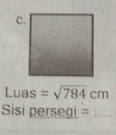 Luas =sqrt(784)cm
Sisi perseai = 、_