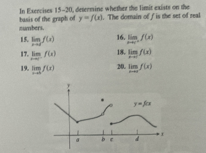 In Exercises 15-20, determine whether the limit exists on the
basis of the graph of y=f(x). The domain of f is the set of real
numbers.
16.
15. limlimits _xto df(x) limlimits _xto c^+f(x)
18.
17. limlimits _xto c^-f(x) limlimits _xto cf(x)
20.
19. limlimits _xto bf(x) limlimits _xto af(x)