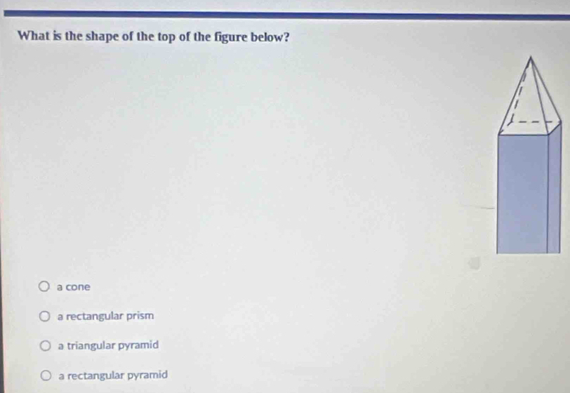 What is the shape of the top of the figure below?
a cone
a rectangular prism
a triangular pyramid
a rectangular pyramid