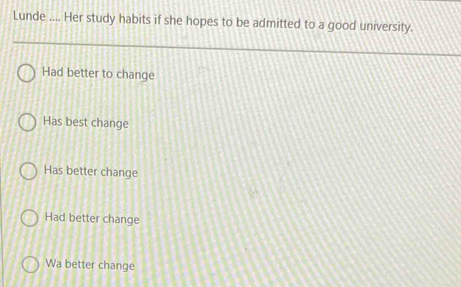 Lunde .... Her study habits if she hopes to be admitted to a good university.
Had better to change
Has best change
Has better change
Had better change
Wa better change