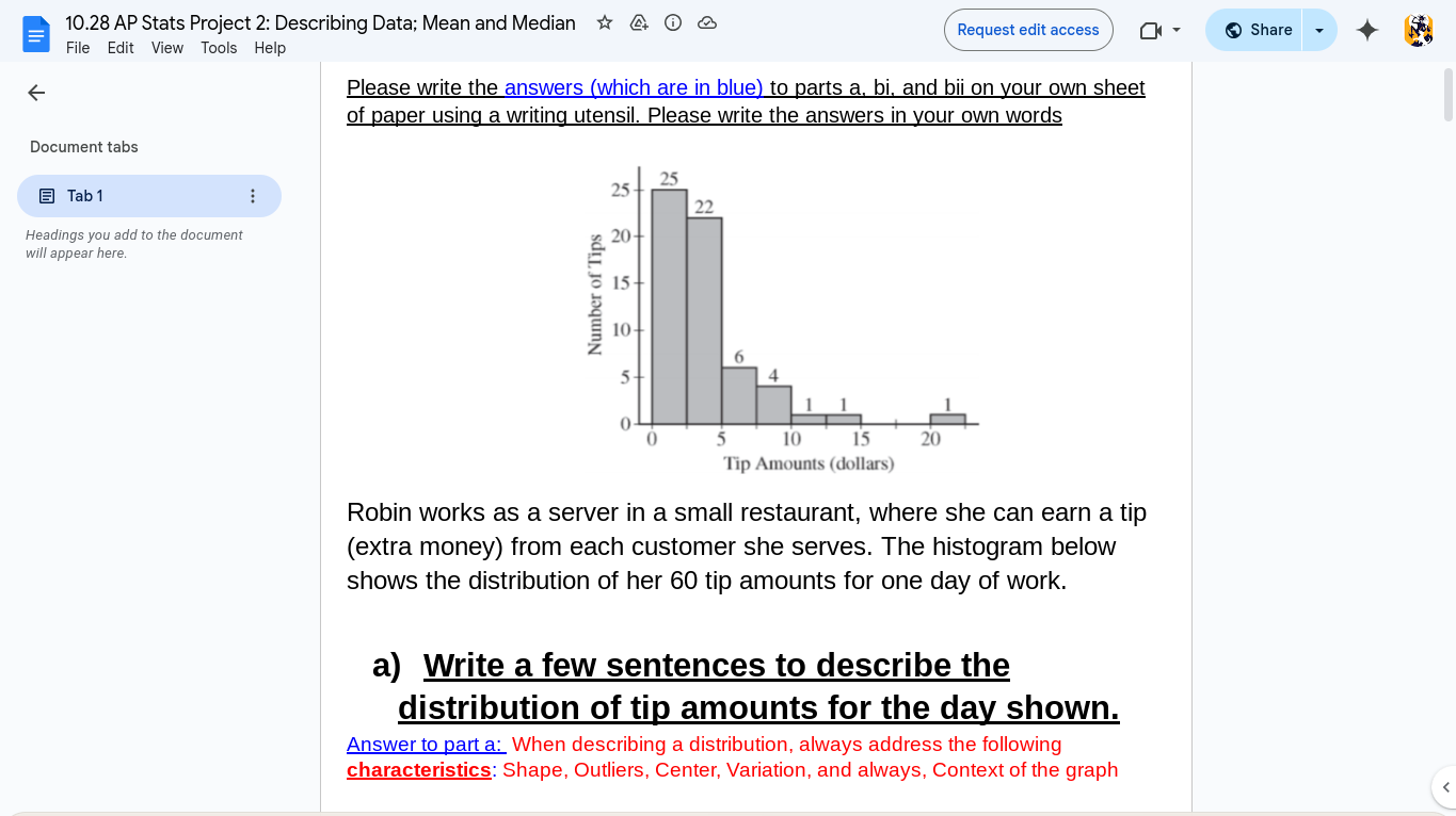 10.28 AP Stats Project 2: Describing Data; Mean and Median Share 
Request edit access 
File Edit View Tools Help 
Please write the answers (which are in blue) to parts a, bi, and bii on your own sheet 
of paper using a writing utensil. Please write the answers in your own words 
Document tabs 
Tab 1 
Headings you add to the document 
will appear here. 
Robin works as a server in a small restaurant, where she can earn a tip 
(extra money) from each customer she serves. The histogram below 
shows the distribution of her 60 tip amounts for one day of work. 
a) Write a few sentences to describe the 
distribution of tip amounts for the day shown. 
Answer to part a: When describing a distribution, always address the following 
characteristics: Shape, Outliers, Center, Variation, and always, Context of the graph