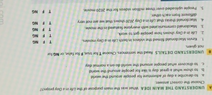A UNDERSTAND THE MAIN IDEA What was the main purpose of the Life in a Day project?
Choose the correct answer.
a. to describe a day of adventure for people around the world
b. to show what a great day is like for people around the world
c. to discover what people around the world do on a normal day
B UNDERSTAND DETAILS Read the sentences. Choose T for true, F for false, or NG for
not given.
1. Kevin Macdonald filmed the videos in both Life in a Day movies. T F NG
2. Life in a Day shows how people get to work. T F NG
3. Macdonald communicated with everyone featured in the movie. T F NG
4. Macdonald thinks that Life in a Day 2020 shows that we are not very T F NG
different from each other. C
5. People uploaded over three million videos for the 2020 movie. T F NG
