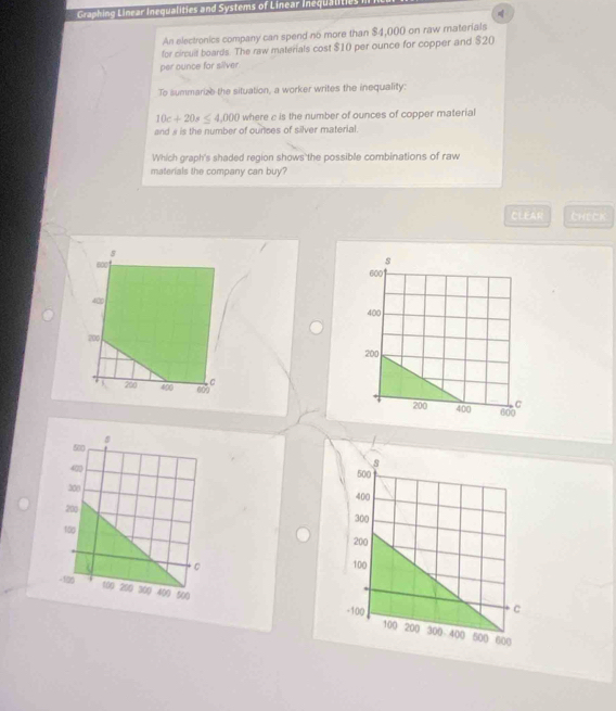 Graphing Linear Inequalities and Systems of Linear Inequalities i 

An electronics company can spend n6 more than $4,000 on raw materials 
for circuit boards. The raw materials cost $10 per ounce for copper and $20
per ounce for silver 
To summarize the situation, a worker writes the inequality:
10c+20s≤ 4,000 where c is the number of ounces of copper material 
and # is the number of ounses of silver material. 
Which graph's shaded region shows the possible combinations of raw 
materials the company can buy? 
CLEAR CHECK