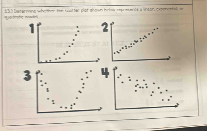 13.) Determine whether the scatter plat shown below represents a linear, exponential, or 
quadratic madel
1
2
3
4