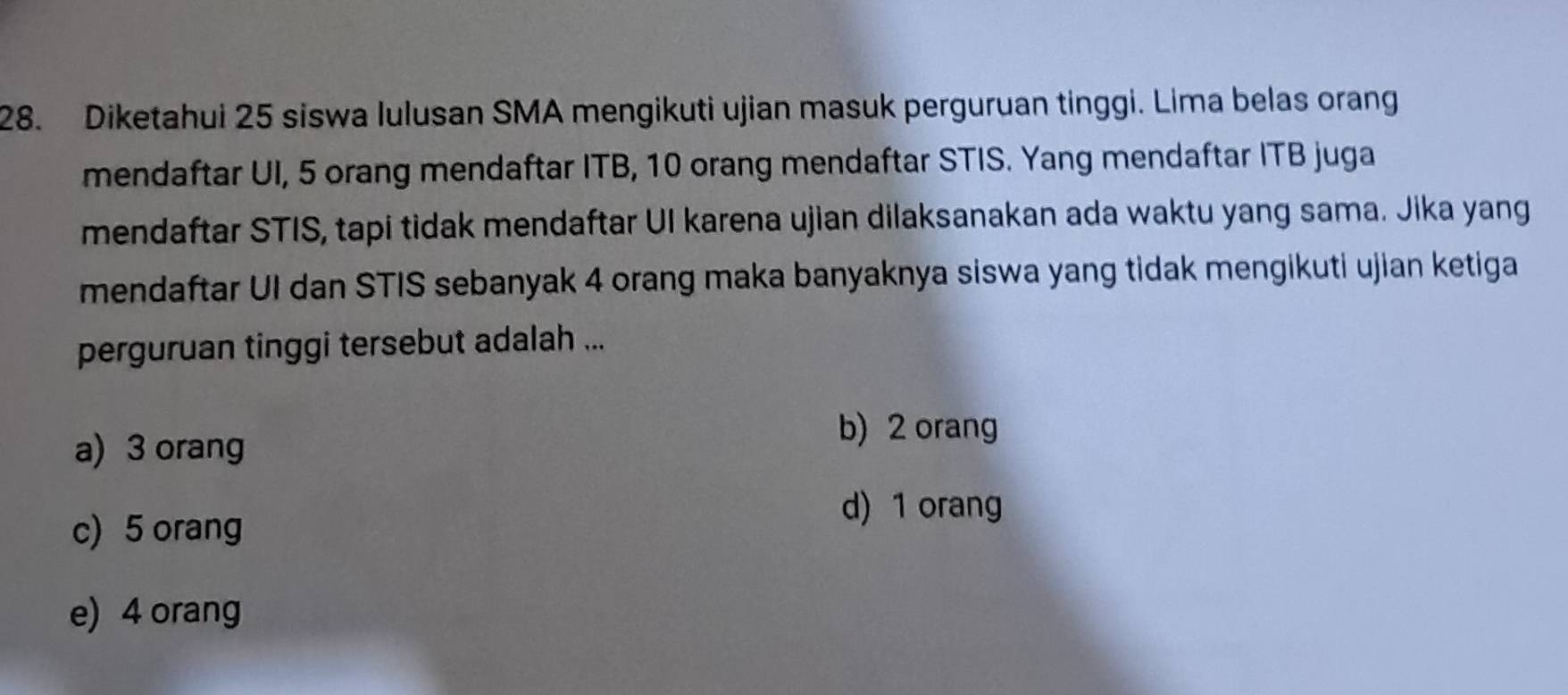 Diketahui 25 siswa lulusan SMA mengikuti ujian masuk perguruan tinggi. Lima belas orang
mendaftar UI, 5 orang mendaftar ITB, 10 orang mendaftar STIS. Yang mendaftar ITB juga
mendaftar STIS, tapi tidak mendaftar UI karena ujian dilaksanakan ada waktu yang sama. Jika yang
mendaftar UI dan STIS sebanyak 4 orang maka banyaknya siswa yang tidak mengikuti ujian ketiga
perguruan tinggi tersebut adalah ...
a) 3 orang
b) 2 orang
c) 5 orang
d) 1 orang
e) 4 orang