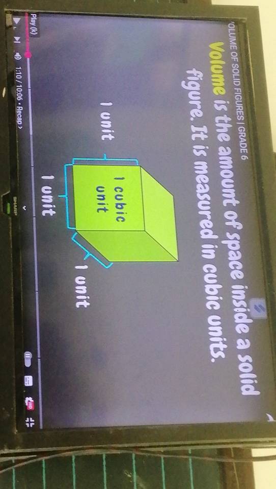 'OLUME OF SOLID FIGURES | GRADE 6 
Volume is the amount of space inside a solid 
figure. It is measured in cubic units. 
1 cubic
1 unit unit
1 unit
1 unit 
Play (k) 
1:10 / 10:06 • Recap >