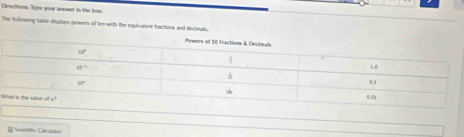 Directions: Type your answer in the box.
The following table displays powers of ten with the equivalent fractions and decimals.
W
Scienthc Calculator