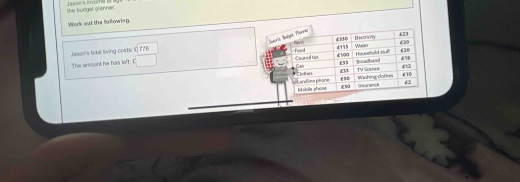 the budget planner. Jason's income 
Work out the following. 
Jason's Budges Planner 
Rent £330 Electricity
£23
£20
Jason's total living costs: £ 778
Food Household stuff £20
The amount he has left: £ £115 Water 
Council tax £100 £18
Gas £35 Broadband 
Clothes £33 TV licence £12
Landline phone £30 Washing clothes £10
Mobile phone £30 Insurance £2