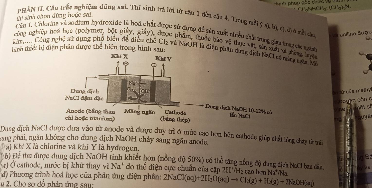 danh pháp gộc chức và danh
CH_2NHCH_3;(CH_3)_3N.
thí sinh chọn đúng hoặc sai.
PHÀN II. Câu trắc nghiệm đúng sai. Thí sinh trả lời từ câu 1 đến câu 4. Trong mỗi ý a), b), c), d) ở mỗi câu,  va aniline được
Câu 1. Chlorine và sodium hydroxide là hoá chất được sử dụng đề sản xuất nhiều chất trung gian trong các ngành
công nghiệp hoá học (polymer, bột giấy, giấy), c phẩm, thuốc bảo vệ thực vật, sản xuất xàphòng, luyện
hình thiết bị điện phân được thể hiện trong hình sau:
kim,.... Công nghệ sử dụng phổ biến để điều chế Cl_2 và NaOH là điện phân duàng ngăn. Mô
ản tử của methyl
nitrogen còn c
nine một số
ng guyê
Dung dịch NaCl được đưa vào từ anode và được duy trì ở mức cao hơn bên cathode giúp chất lỏng chảy từ trái
sang phải, ngăn không cho dung dịch NaOH chảy sang ngăn anode.
a) Khí X là chlorine và khí Y là hydrogen.
Bả
D b) Để thu được dung dịch NaOH tinh khiết hơn (nồng độ 50%) có thể tăng nồng độ dung dịch NaCl ban đầu. và
c) Ở cathode, nước bị khử thay vì Na^+ do thế điện cực chuẩn của cặp 2H^+/H_2 cao hơn Na^+ Na.
d) Phương trình hoá học của phản ứng điện phân: 2NaCl(aq)+2H_2O(aq)to Cl_2(g)+H_2(g)+2NaOH(aq)
u 2. Cho sơ đồ phản ứng sau: