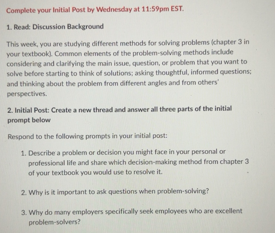 Solved: Complete your Initial Post by Wednesday at 11:59 pm EST. 1 ...