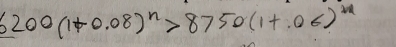 6200(1+0.08)^n>8750(1+.06)^n