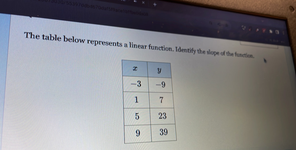 J73030755397ddbd670daf5f9ace1bffbe0da08 a 
The table below represents a linear function. Identify the slope of the function.