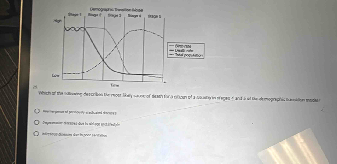 Demographic Transition Model
Stage 1 Stage 2 Stage 3 Stage 4 Stagø 5
High
Birth rate
Death rate
Totall population
Low
25. Time
Which of the following describes the most likely cause of death for a citizen of a country in stages 4 and 5 of the demographic transition model?
Reernergence of previously eradicated diseases
Degenerative diseases due to cld age and lifestyle
Infectious diseases due to poor sanitation