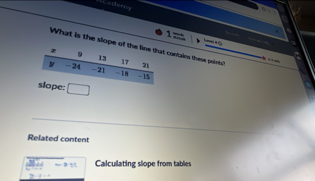 Academy 
I week 
Donite 
streak Level 4 ① 
What is the slope of t contains these points? 
3 /4 skills 
: □ 
Related content
a_2=2·  k)/n-2  Calculating slope from tables 
2frac 4a(6=0=)^2=-4