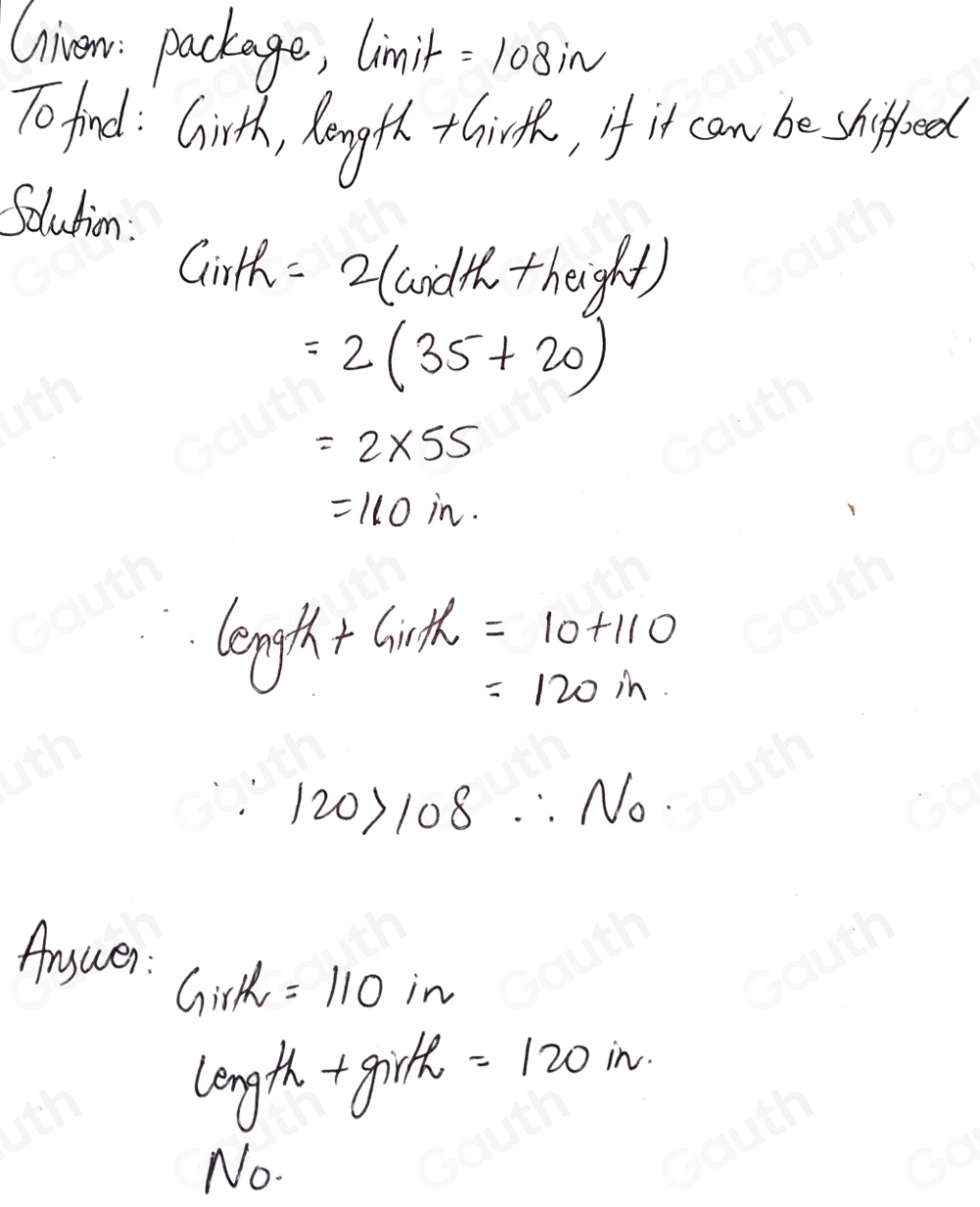 Solved: Determine the package's girth, and indicate if the package can ...