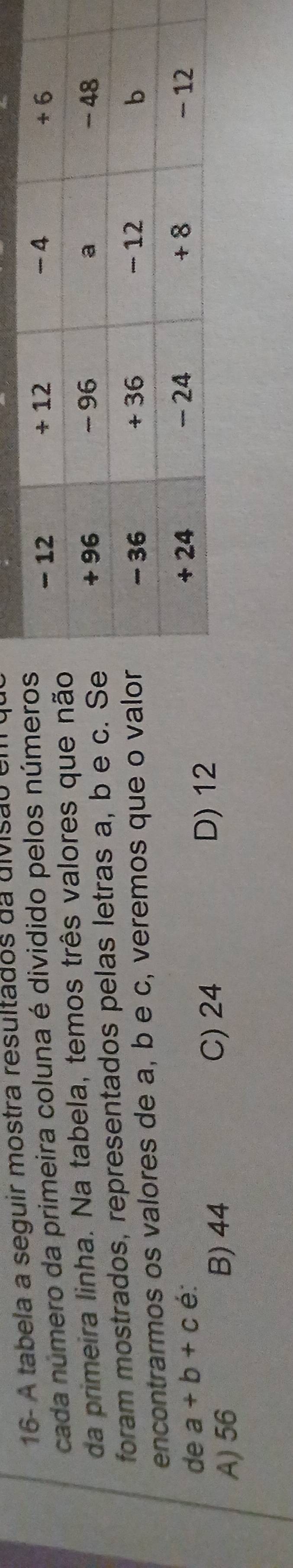 16- A tabela a seguir mostra resultados da divisão é
cada número da primeira coluna é dividido pelos número
da primeira linha. Na tabela, temos três valores que nã
foram mostrados, representados pelas letras a, b e c. S
encontrarmos os valores de a, b e c, veremos que o valo
de a+b+c é:
A) 56 B) 44 C) 24 D) 12