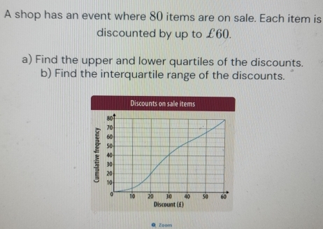 A shop has an event where 80 items are on sale. Each item is 
discounted by up to £60. 
a) Find the upper and lower quartiles of the discounts. 
b) Find the interquartile range of the discounts. 
Discounts on sale items
80
70
60
50
40
30
20
10
。 10 20 30 40 so 60
Discount (£) 
Zoom