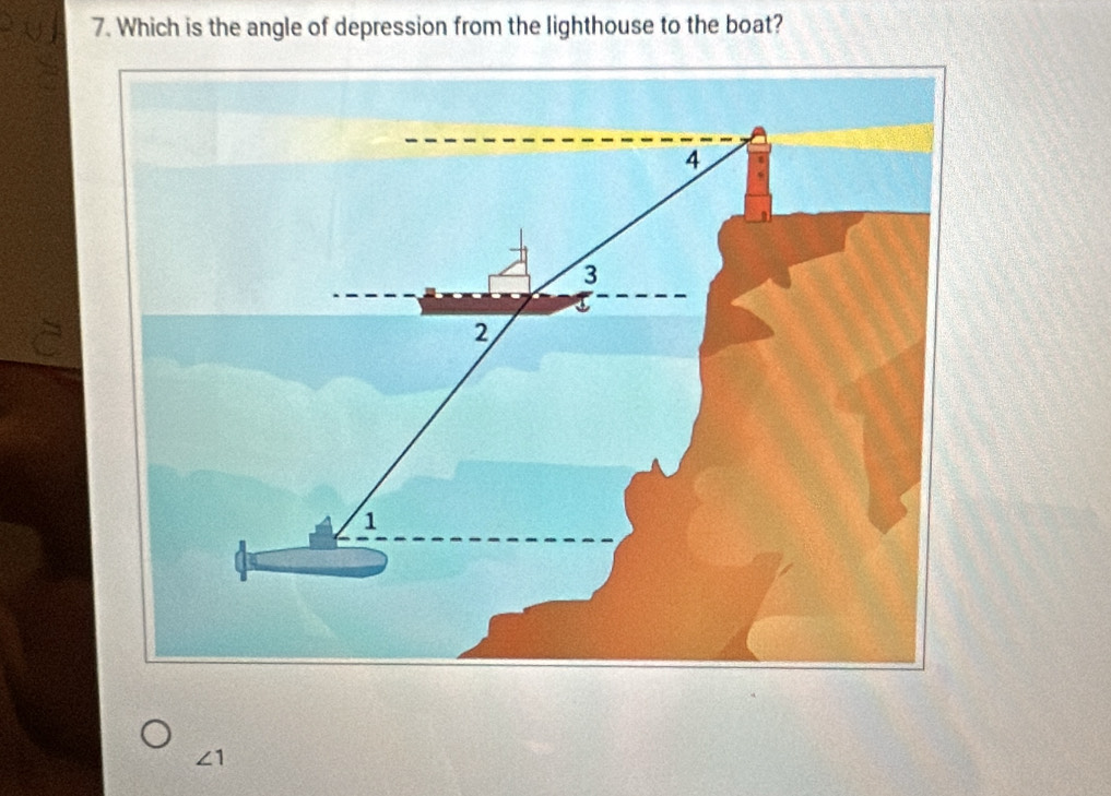 Which is the angle of depression from the lighthouse to the boat?
∠ 1