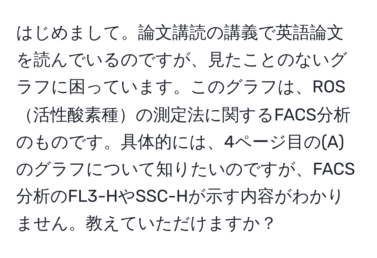 はじめまして。論文講読の講義で英語論文を読んでいるのですが、見たことのないグラフに困っています。このグラフは、ROS活性酸素種の測定法に関するFACS分析のものです。具体的には、4ページ目の(A)のグラフについて知りたいのですが、FACS分析のFL3-HやSSC-Hが示す内容がわかりません。教えていただけますか？