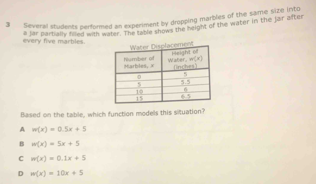 Several students performed an experiment by dropping marbles of the same size into
a jar partially filled with water. The table shows the height of the water in the jar after
every five marbles.
Based on the table, which function models this situation?
A w(x)=0.5x+5
B w(x)=5x+5
C w(x)=0.1x+5
D w(x)=10x+5