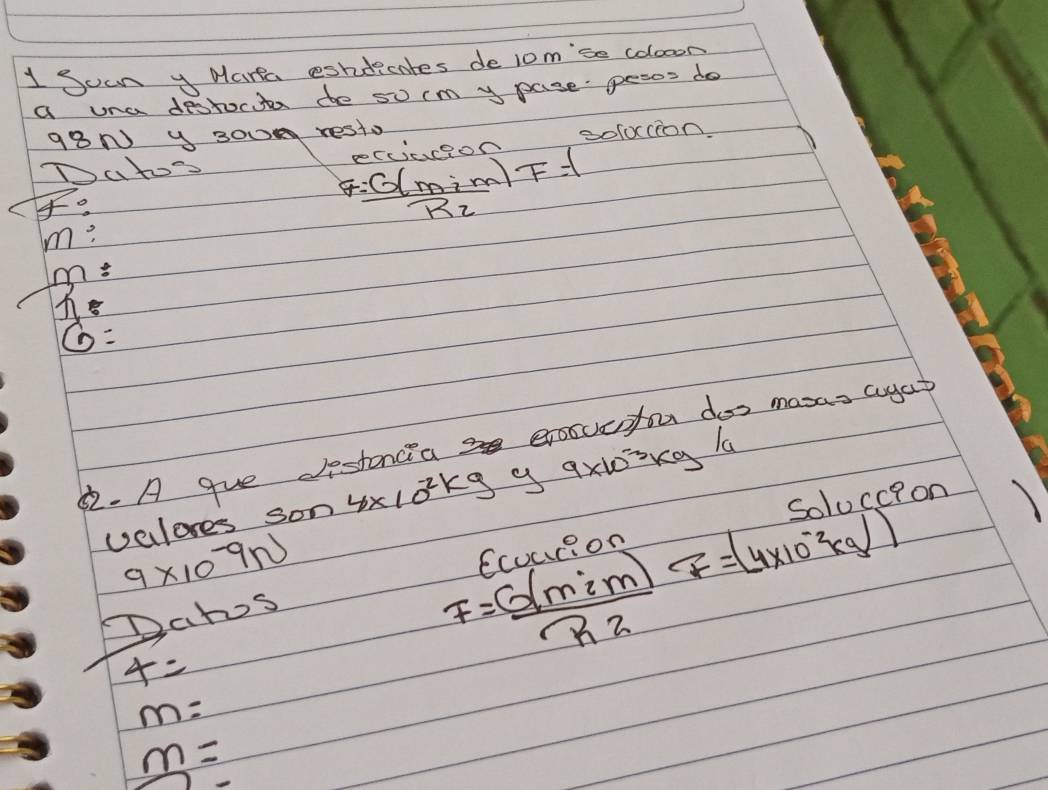 Suany Marka eshdicates de 1om 'se colooon 
a una destociter de socm y pase pesos do 
98N y 3O0 resto 
Pccic,roon soloccion 
Dato' 
f.
F=frac G(min)R_2F=1
m: 
C n=
n=
G=
22. A gue destancia ercucfou dos masas agat 
velores son 4* 10^(2kg) 9* 10^(-3)kg/a
on
9* 10^(-9)N
F= G(min)/R2 F=(4* 10^(-2)kg/)
Datos Froceon
4=
m=
m=