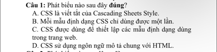 Phát biểu nào sau đây đúng?
A. CSS là viết tắt của Cascading Sheets Style.
B. Mỗi mẫu định dạng CSS chỉ dùng được một lần.
C. CSS được dùng để thiết lập các mẫu định dạng dùng
trong trang web.
D. CSS sử dụng ngôn ngữ mô tả chung với HTML.