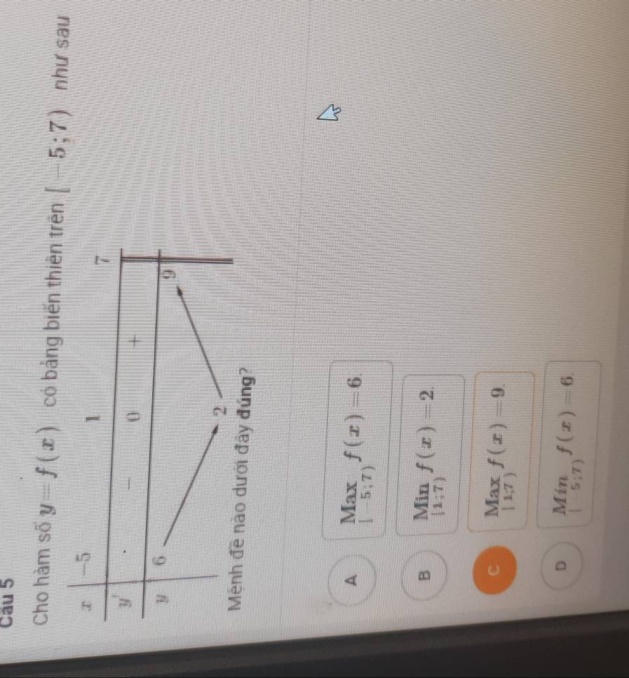 Cầu 5
Cho hàm số y=f(x) có bảng biến thiên trên [-5;7) như sau
y đúng?
A Max f(x)=6
[-5;7)
B limlimits _|1;7|f(x)=2
C Max f(x)=9. ()^
[1;7)
D limlimits _[-5;7)f(x)=6.