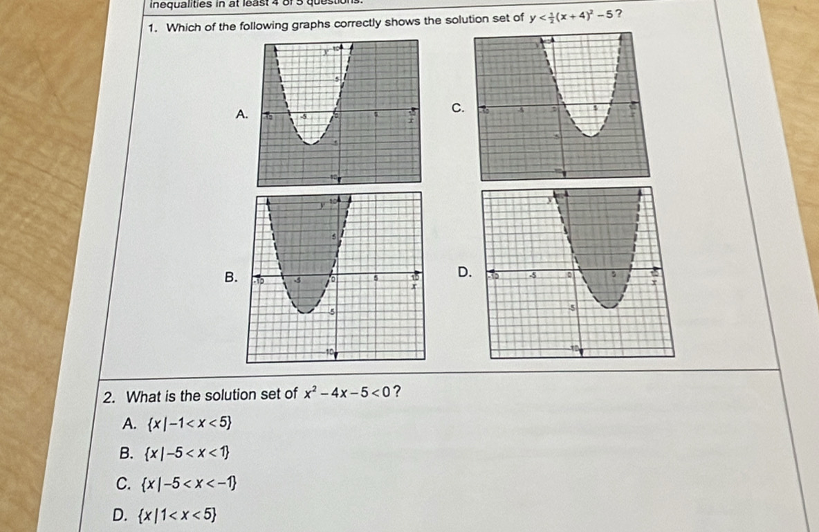 inequalities in at least 4 of 5 questions
1. Which of the following graphs correctly shows the solution set of y ?
A
C

B. D
2. What is the solution set of x^2-4x-5<0</tex> ?
A.  x|-1
B.  x|-5
C.  x|-5
D.  x|1