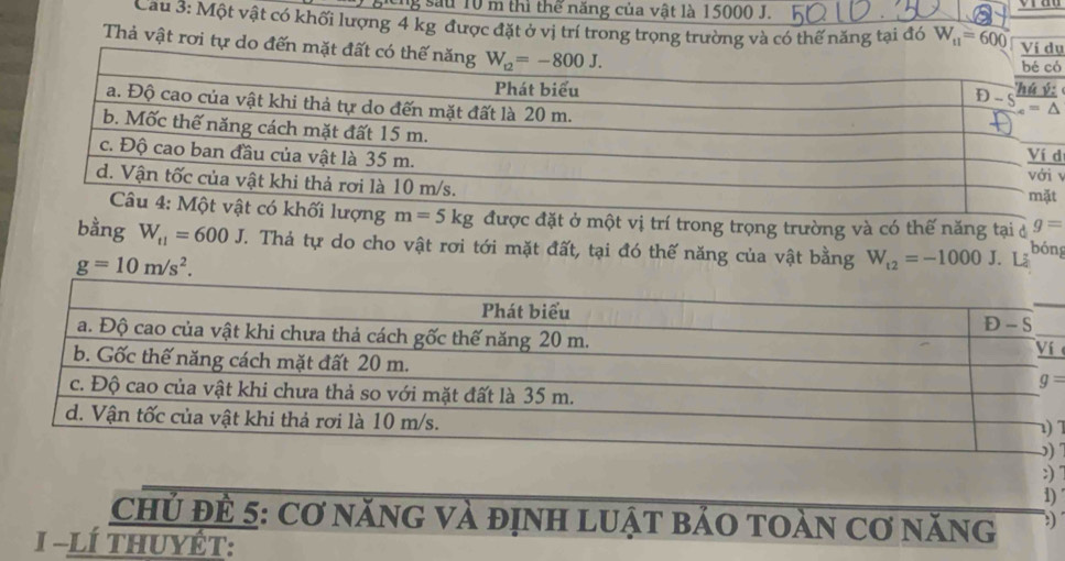 sau 10 m thì thể năng của vật là 15000 J.
Cau 3: Một vật có khối lượng 4 kg được đặt ở vị trí trong trọng trường và có thế năng tại đó W_11=600 ụ
Thả vật rơi tự do đế
ó
:
d v
t
được đặt ở một vị trí trong trọng trường và có thế năng tại ở g=
bằng W_t1=600J T. Thả tự do cho vật rơi tới mặt đất, tại đó thế năng của vật bằng W_t2=-1000J L. Lã bóng
g=10m/s^2.

7
:)
1)
Chủ đÊ 5: Cơ năNG Và định lUậT bảO tOàN Cơ năng :)
I -lÍ thuyÊt: