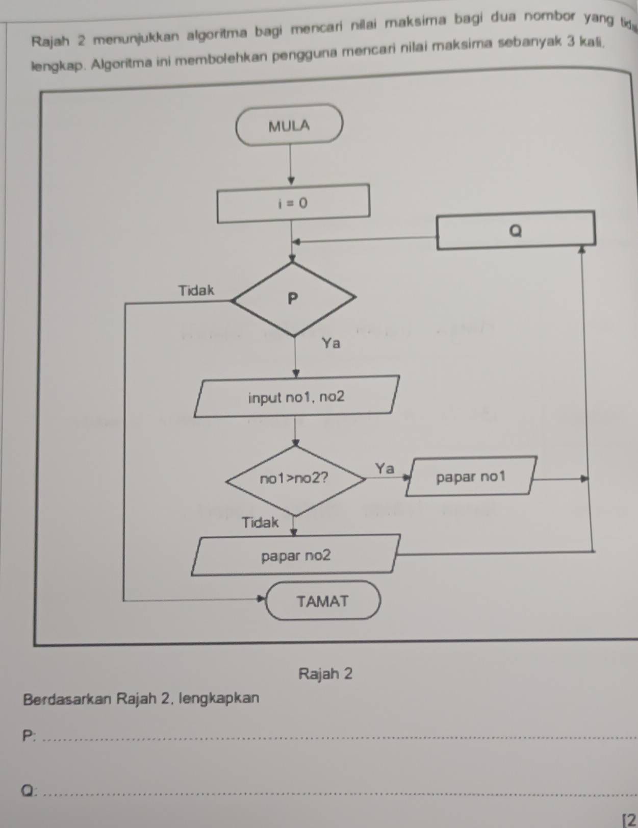 Rajah 2 menunjukkan algoritma bagi mencari nilai maksima bagi dua nombor yang tid
lengkap. Algoritma ini membołehkan pengguna mencari nilai maksima sebanyak 3 kali,
Rajah 2
Berdasarkan Rajah 2, lengkapkan
P:_
Q:_
[2