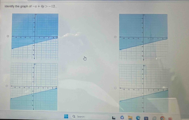 Identify the graph of -x+4y>-12. 
。 
。 

Search